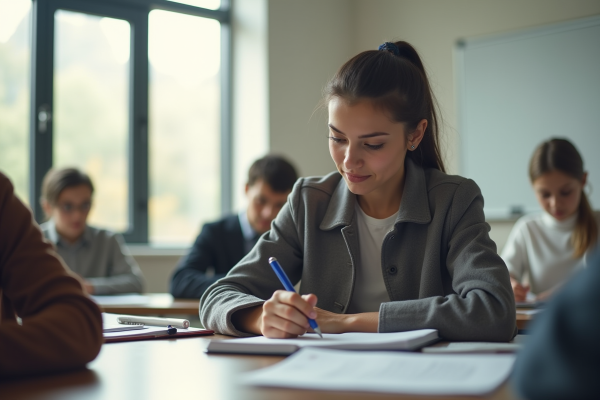Etudiant concentré prenant des notes en classe lumineuse
