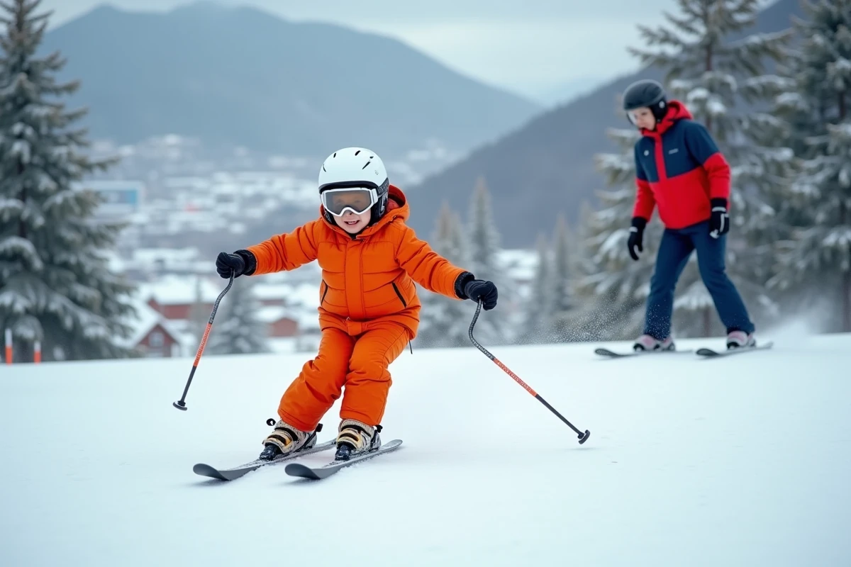 Enfant en combinaison de ski orange apprenant à skier avec un moniteur japonais sur les pistes débutantes de Nozawa Onsen