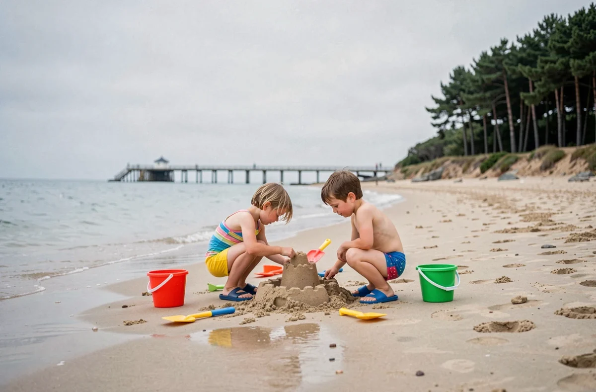 Enfants construisant un château de sable sur la plage de Conleau à Vannes en Bretagne