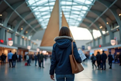 Femme consultant un plan à l'entrée du Salon nautique international de Paris, grande halle d'exposition avec bateaux à voile en arrière-plan