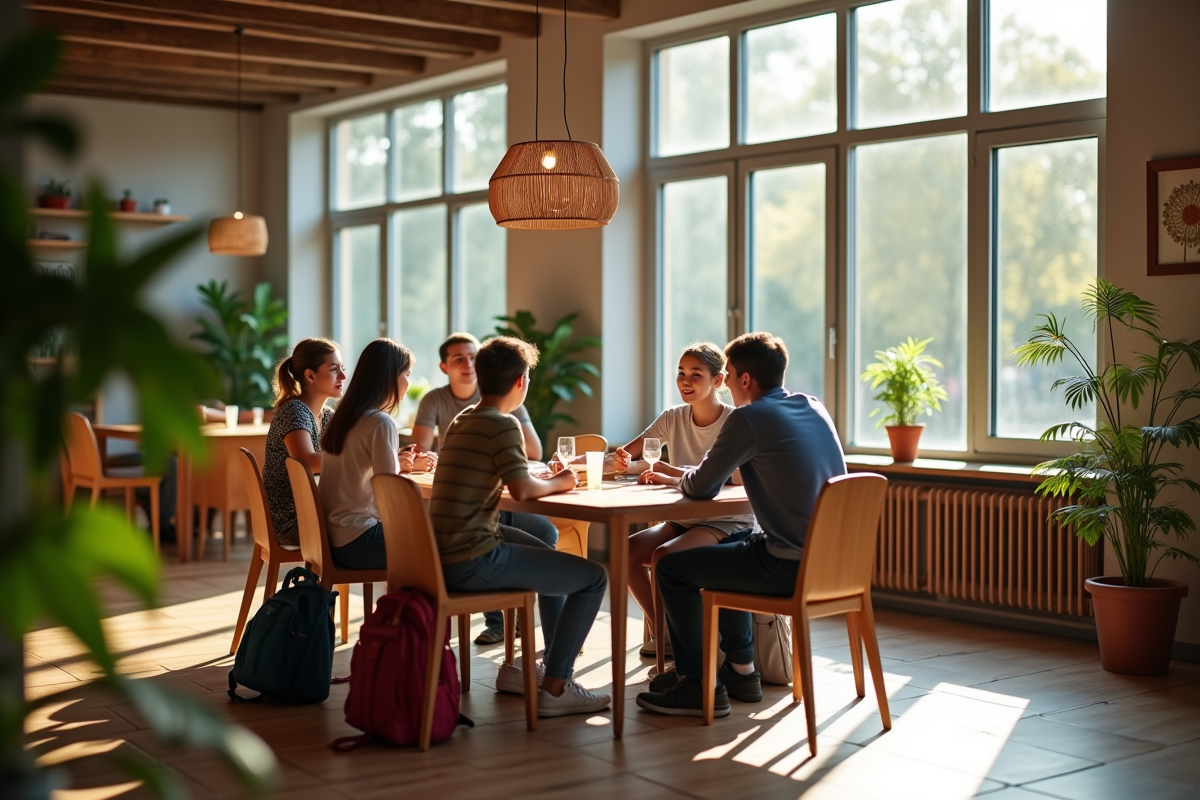 Espace commun moderne d'auberge de jeunesse avec jeunes discutant