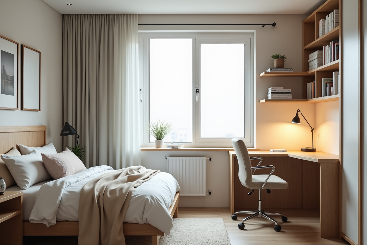 Espace de travail dans une petite chambre lumineuse