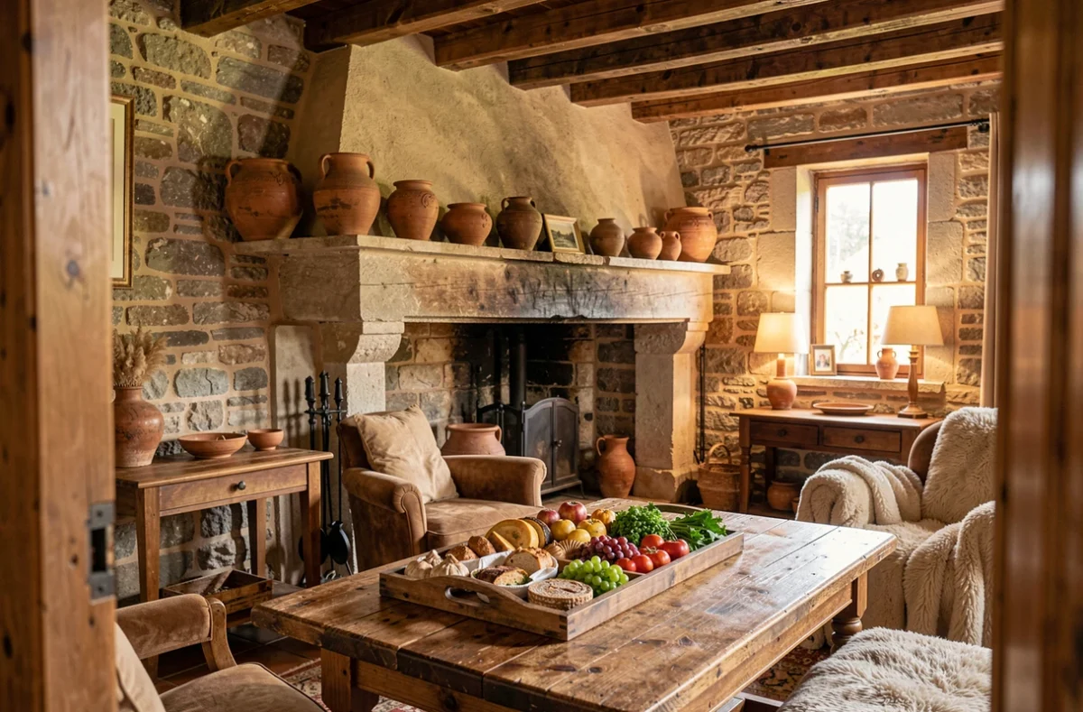 Intérieur chaleureux de L'Esprit du 24, chambre d'hôtes en Dordogne avec pierres apparentes et cheminée