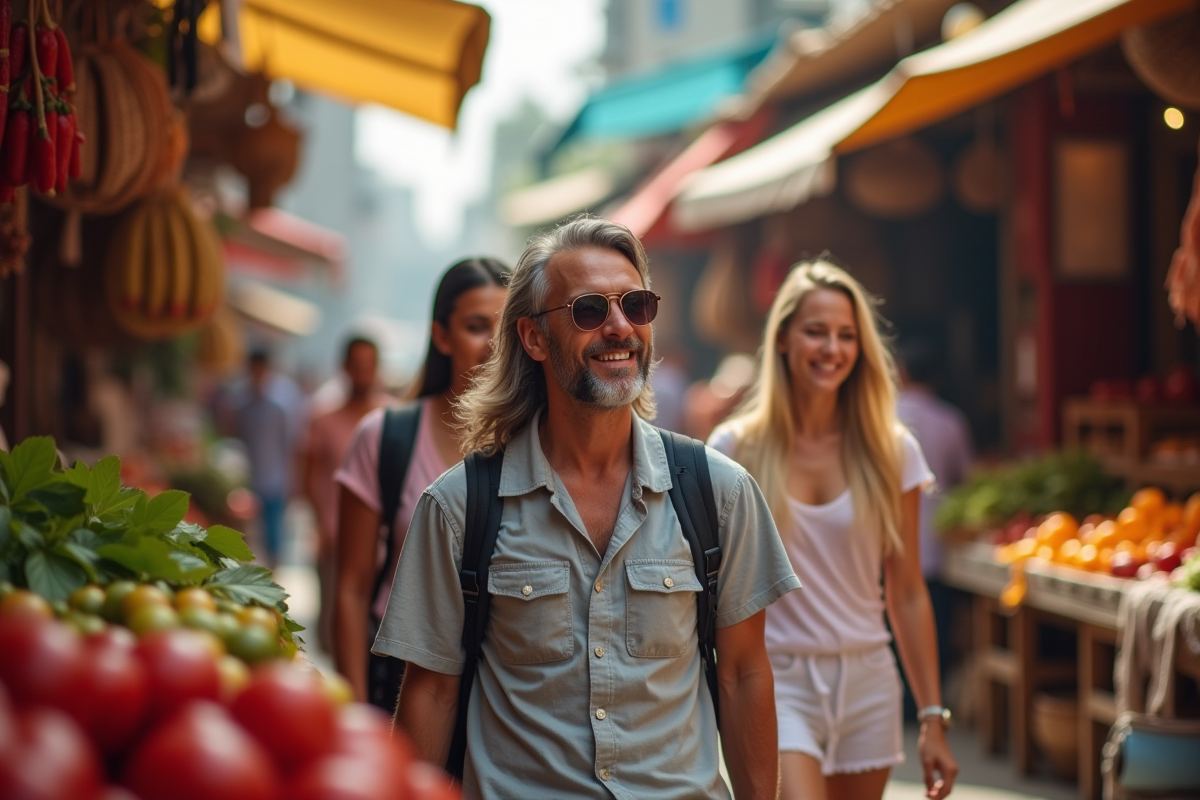 Groupe de voyageurs explorant un marché local coloré