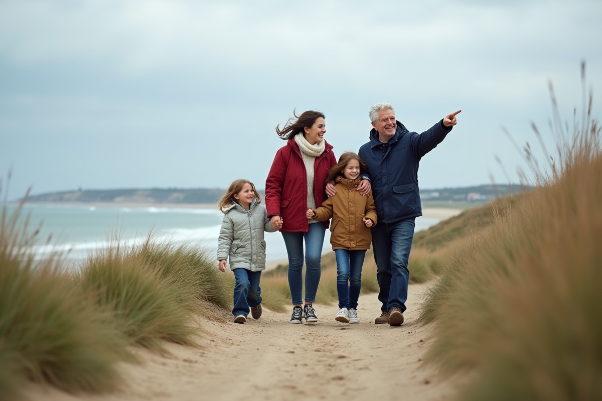Famille belge se promenant sur la côte en mer du Nord