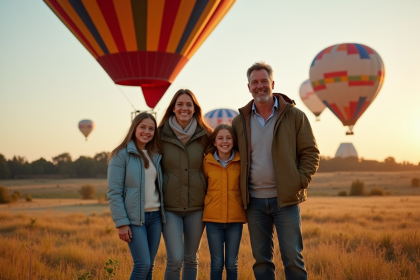 Famille souriante près d'une nacelle de ballon coloré en plein air