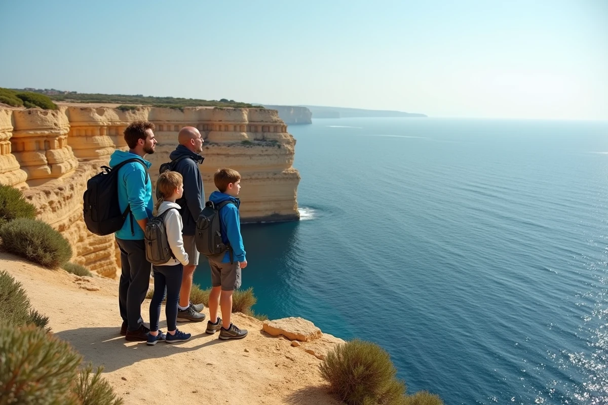Famille en randonnée sur les falaises de Gozo Malte contemplant la Méditerranée en dehors des périodes de forte affluence