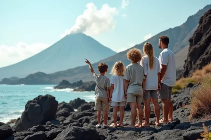 Famille en vacances aux îles Éoliennes observant le volcan depuis la côte rocheuse volcanique noire
