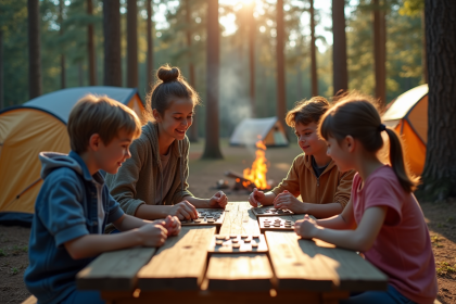 Famille jouant à des jeux de plein air au camping