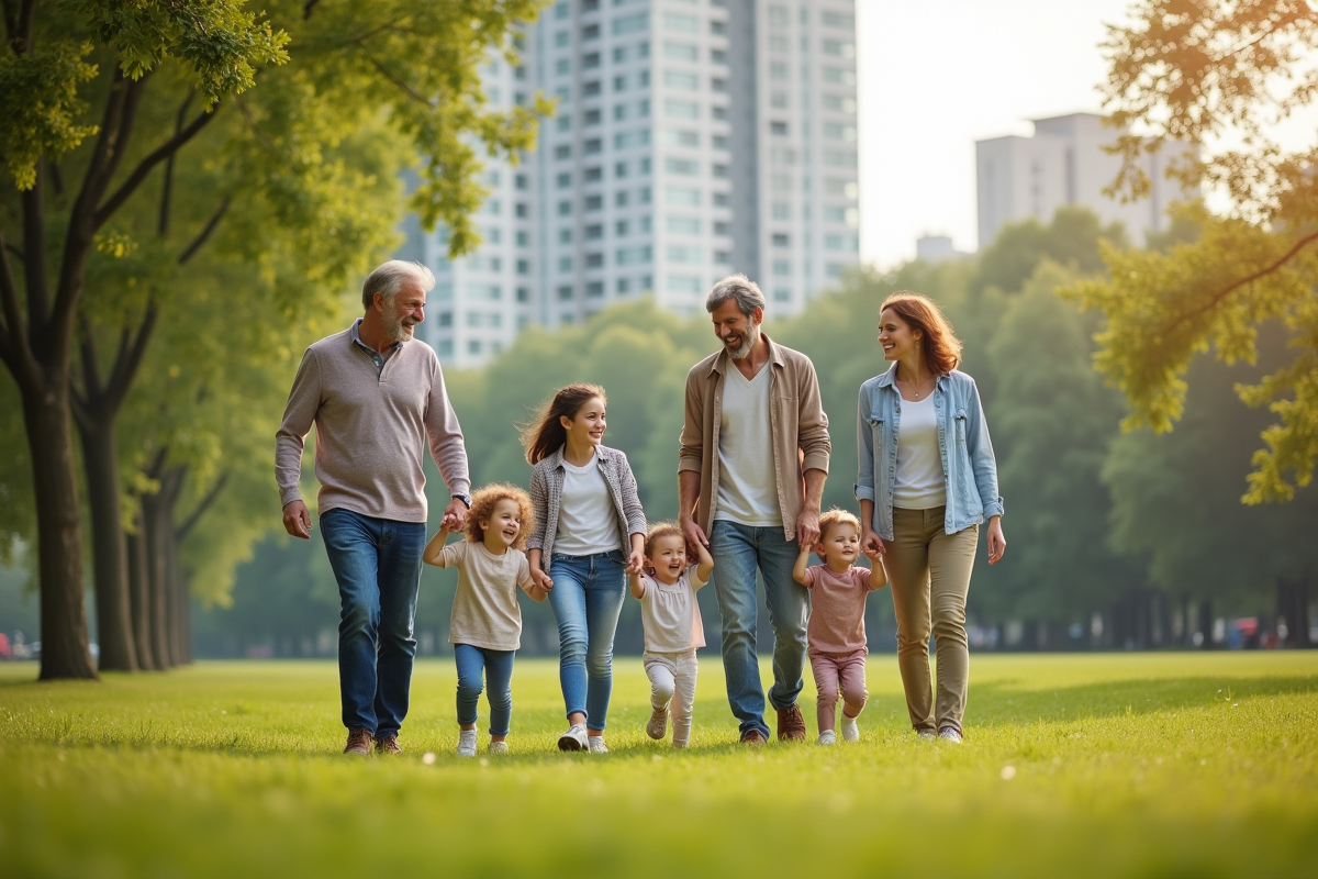 Famille heureuse dans un parc vert en journée ensoleillée