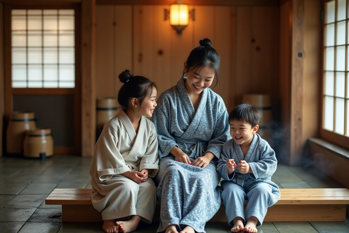 Mère et enfants en yukata se relaxant dans le hall d'un onsen traditionnel à Nozawa Onsen après une journée de ski