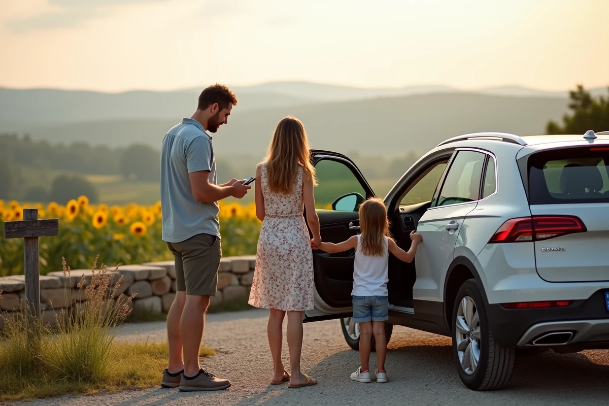 Famille consultant un itinéraire GPS lors d'une pause en road trip dans la campagne française