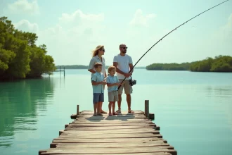 Famille en vacances pêchant depuis un ponton en bois sur le lagon turquoise de Marathon en Floride