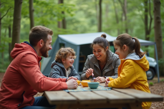 Famille souriante préparant le petit déjeuner en plein air