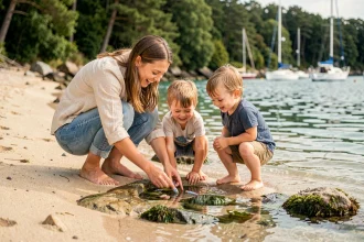Famille avec enfants explorant les flaques d'eau à la plage de Conleau à Vannes par une belle journée