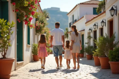 Famille se promenant dans une ruelle pavée du quartier Plaka à Athènes avec vue sur l'Acropole en arrière-plan