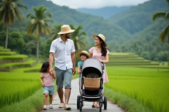 Famille asiatique avec poussette dans les rizières de Tegallalang