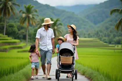 Famille asiatique avec poussette dans les rizi&egrave;res de Tegallalang