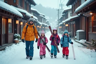 Famille avec enfants en tenue de ski marchant dans la ruelle enneigée du village de Nozawa Onsen au Japon