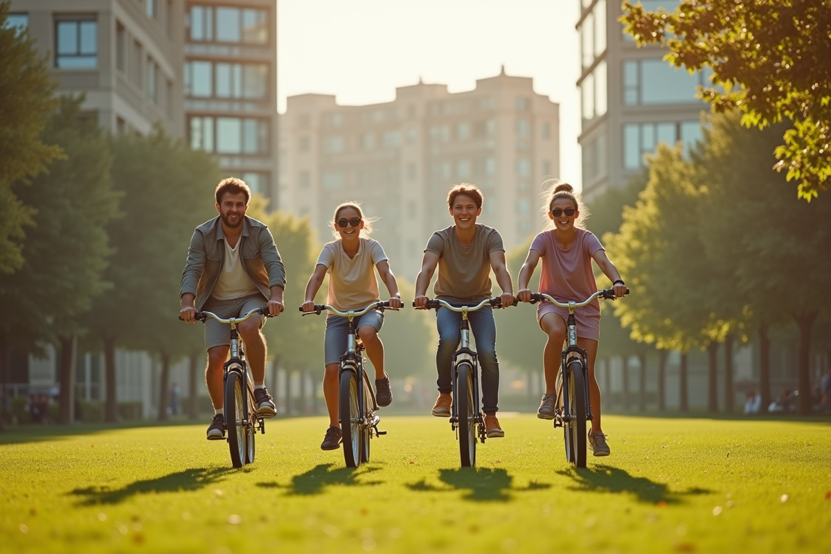 Famille heureuse à vélo dans un parc vert en ville