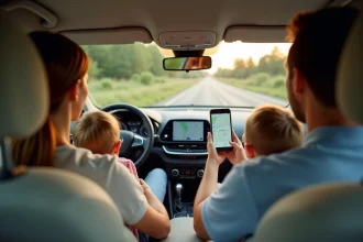 Famille dans une voiture consultant un itinéraire sur application mobile pour les vacances en France