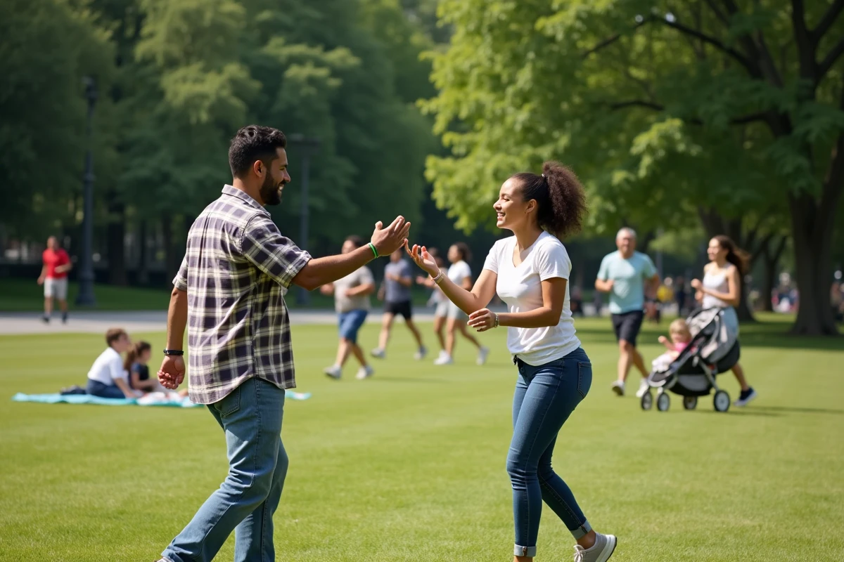 Familles et promeneurs profitant d'une journée ensoleillée sur la pelouse de Corona Park à Queens, reflet du melting-pot new-yorkais
