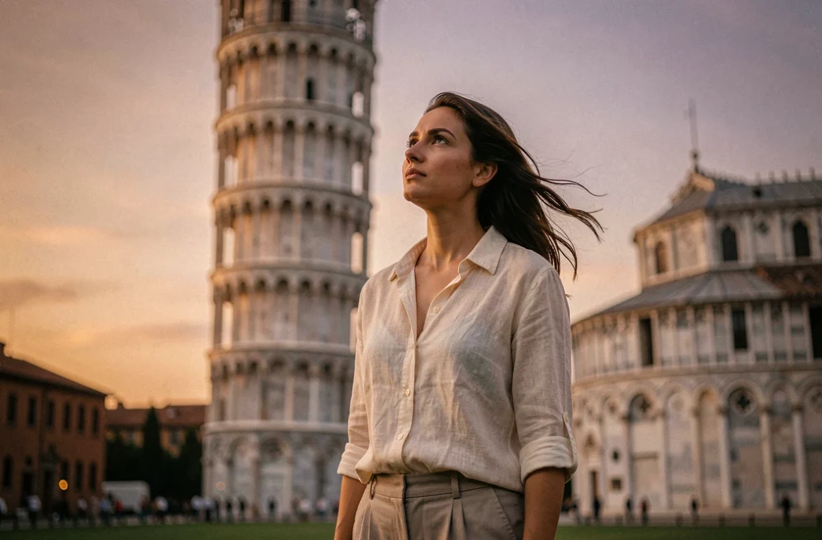 Femme admirant la tour penchée de Pise au crépuscule avec un ciel aux teintes violettes et dorées