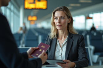 Femme à l'aéroport avec passeport et embarquement