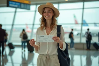 Jeune femme souriante avec billet d'avion à l'aéroport