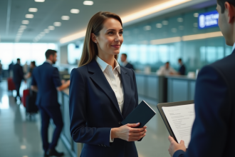 Femme d'affaires à l'aéroport présentant son passeport