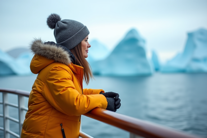Femme en parka regardant les icebergs en Antarctique