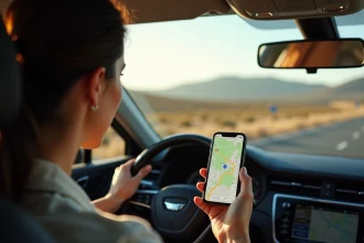 Femme consultant une application de carte interactive sur smartphone dans une voiture sur une autoroute espagnole gratuite
