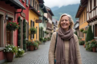 Femme souriante dans une rue pavée d'Oberammergau