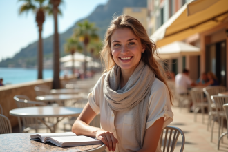 Jeune femme lisant un guide dans un café en bord de mer