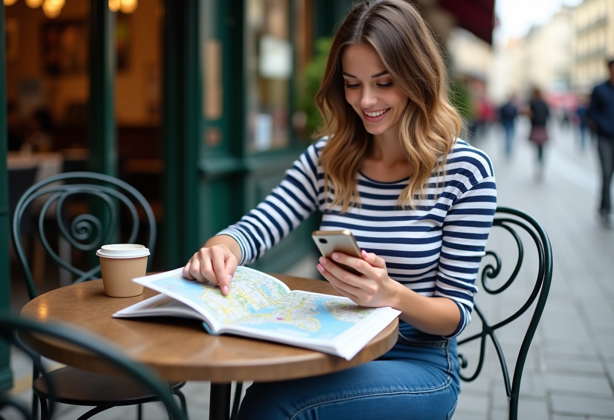 Jeune femme au café regardant une carte du salon nautique
