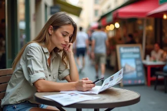 Jeune femme calcule ses dépenses de voyage en extérieur