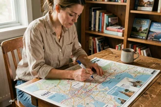 Femme annotant une carte imprimable des villes américaines à son bureau de voyage personnalisé