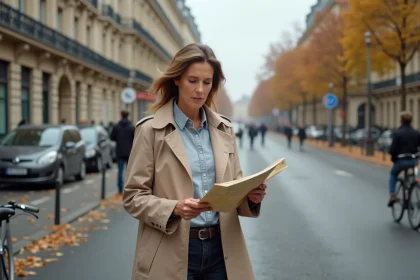 Femme consultant une carte papier de Paris sur un boulevard haussmannien en automne