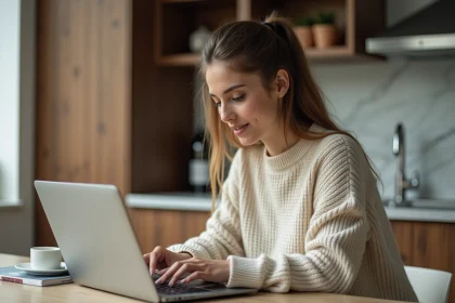 Jeune femme compare prix de vols avec ordinateur et smartphone