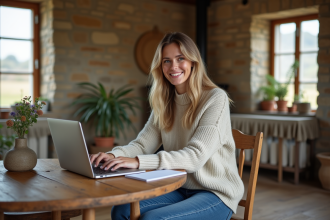 Femme souriante dans un intérieur de gîte cosy
