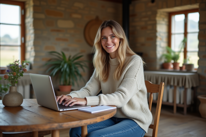 Femme souriante dans un intérieur de gîte cosy