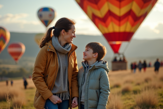 Femme et enfant près d'un ballon avant vol en plein air