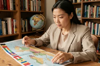 Femme étudiant une carte des pays asiatiques avec des drapeaux épinglés dans un bureau cosy