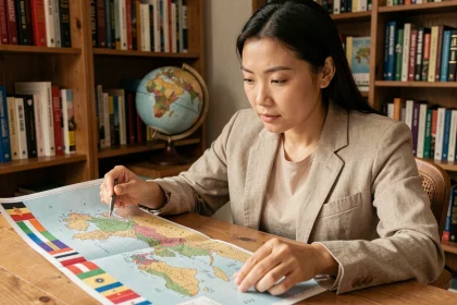 Femme étudiant une carte des pays asiatiques avec des drapeaux épinglés dans un bureau cosy