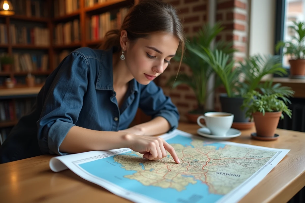 Jeune femme étudiant une carte géographique de l'Allemagne dépliée sur une table en bois dans un café