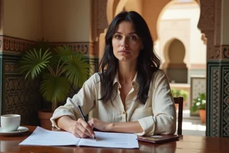 Femme expatriée consultant son passeport et des documents administratifs dans un riad marocain traditionnel pour un long séjour