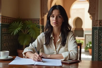 Femme expatriée consultant son passeport et des documents administratifs dans un riad marocain traditionnel pour un long séjour