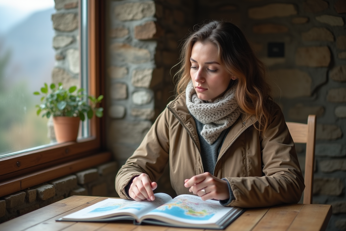 Jeune femme lisant un atlas climatique à l