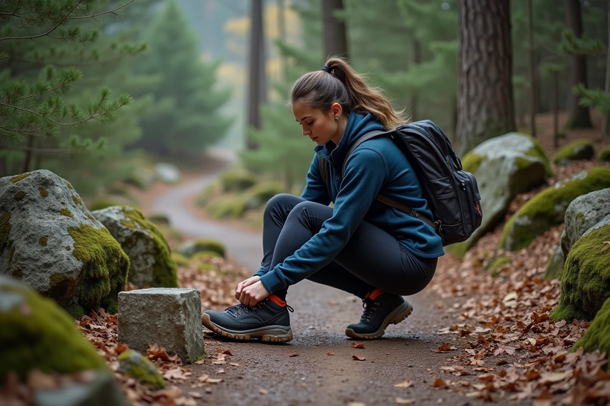 Jeune femme nouant ses chaussures sur un sentier forestier