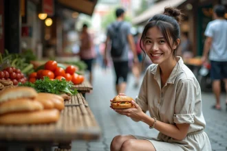 Femme souriante dégustant un bánh mì dans un marché vietnamien